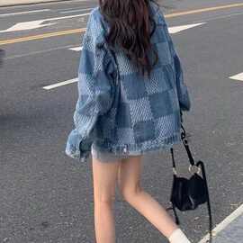 网红炸街格子牛仔外套女春秋新款韩版设计感宽松炫酷显瘦夹克上衣