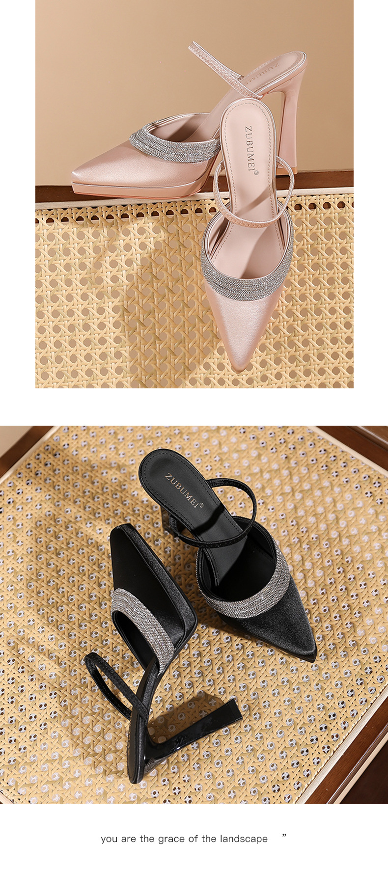 Sandal cao gót nữ mũi nhọn đính đá, quai một dây ngang, đế platform, gót nhọn 10 cm — Champagne-10cm chi tiết 8
