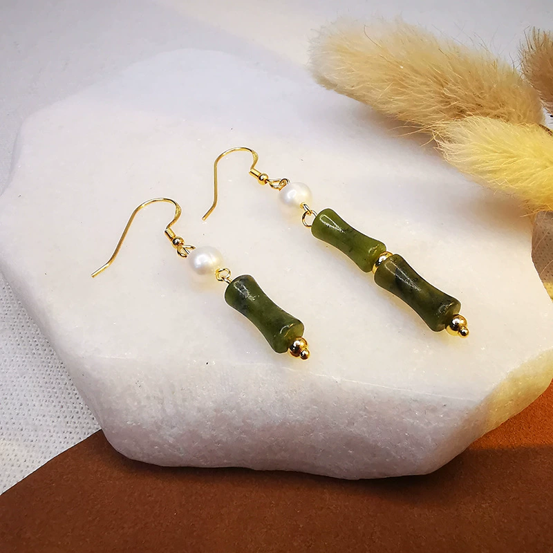 925 Silver Olive Jade Bamboo Sexual Ear Hook Chinese Wind New Chinese Bamboo Ear Hook Natural Olive Jade Advanced