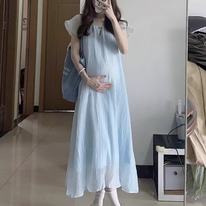 Maternity Dress for Summer, Super Stylish, Loose and Relaxed, Slimming, Tummy-Covering, Tie-Up, Small Flutter Sleeves, Mid-Length Dress for Women