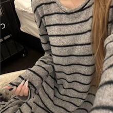薄绒条纹情侣睡衣女秋冬圆领长袖新款宽松简约休闲韩版家居服套装