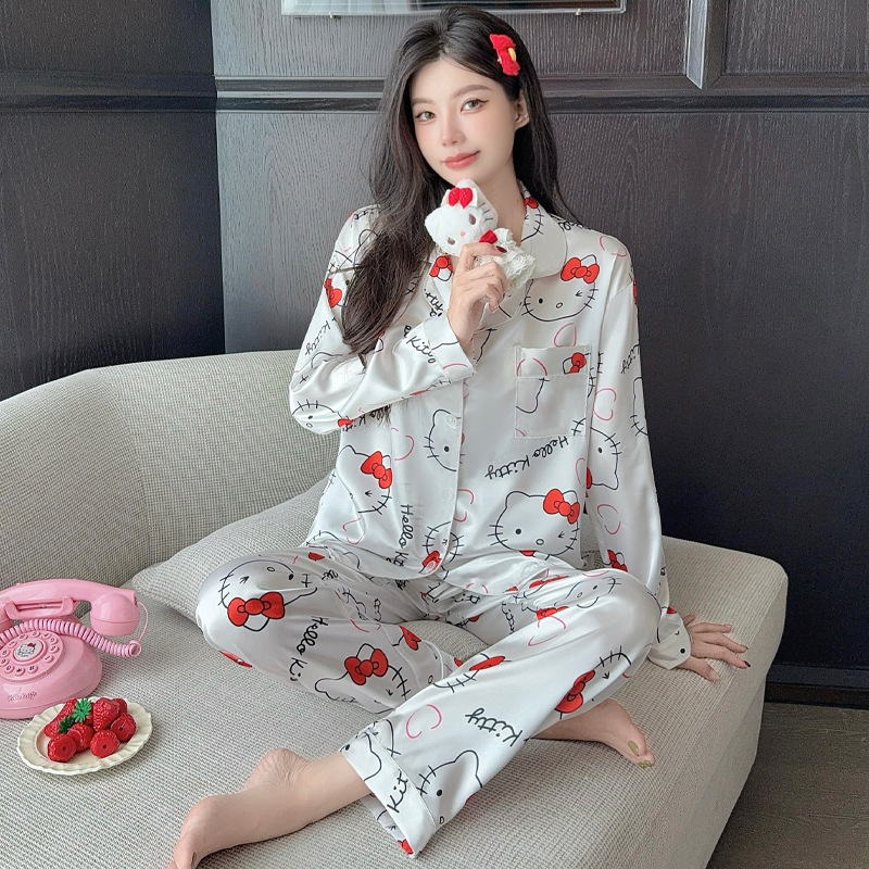 卡通轻奢ins风可爱冰丝睡衣女长袖长裤家居服两件套装可外穿批发|undefined