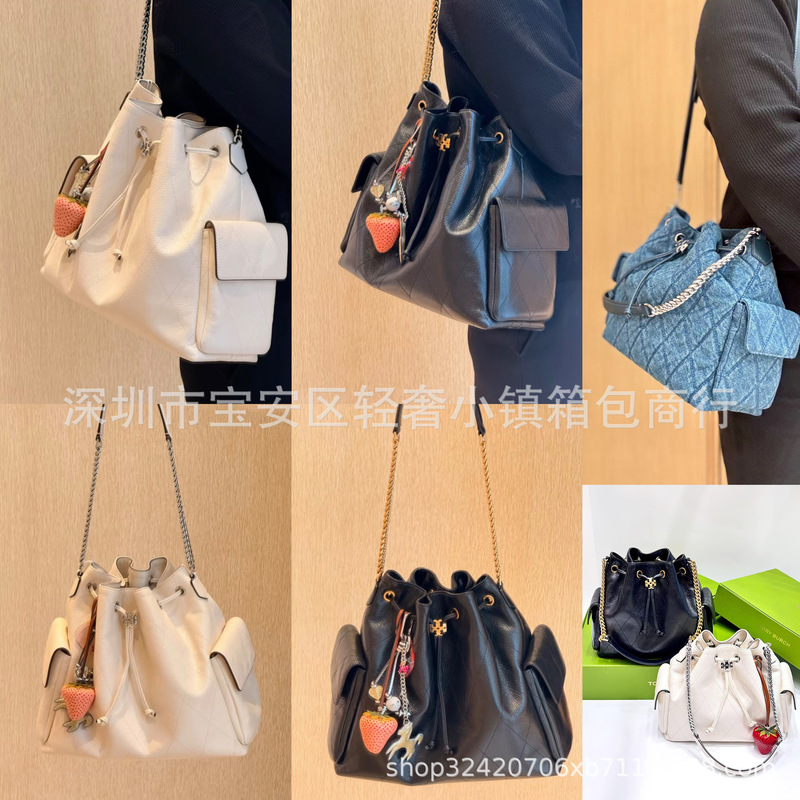Fashionable Tb Charlie Quilted Drawstring Bucket Bag Soft Leather Shoulder Chain Underarm Small Square Bag for Women