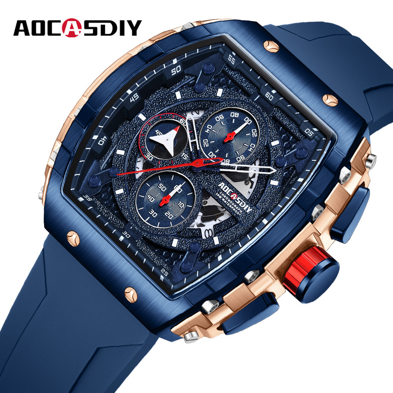 Aocasdiy Watch Luminous Waterproof Wine Barrel Curved Men's Watch Sports and Leisure Silicone Band Quartz Watch Cross-Border Hot Style