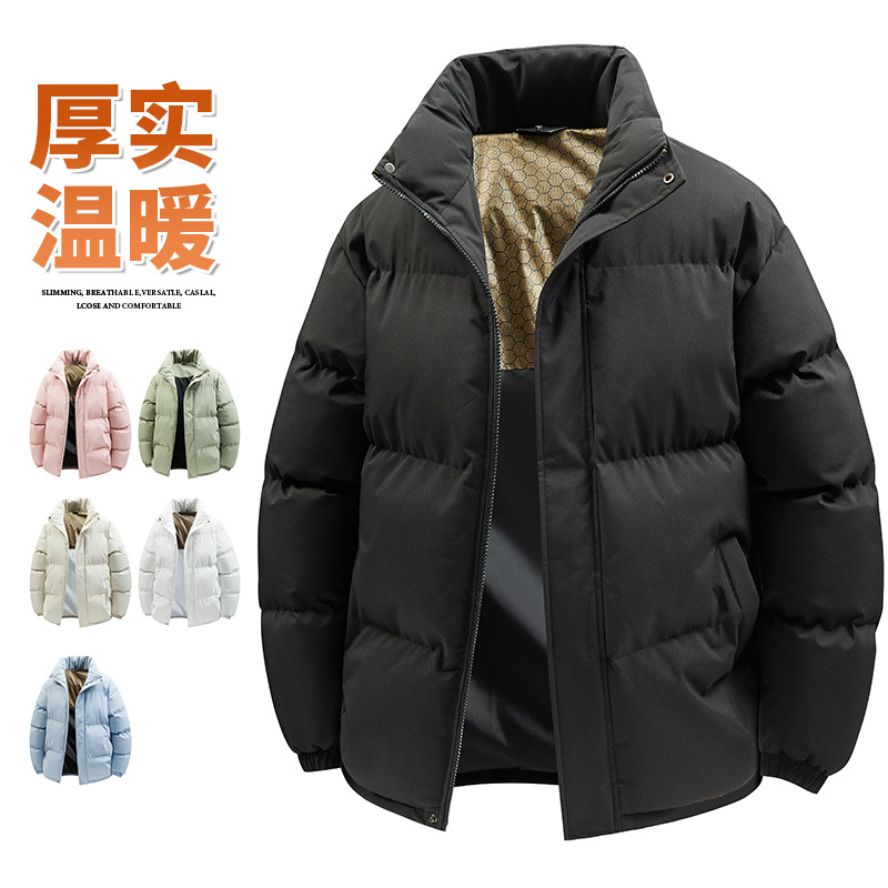 Multicolor Couple Stand-Up Collar Cotton Jacket for Teenagers Winter Thickeneded Warm Hooded Top for Men and Women Cotton Casual Jacket
