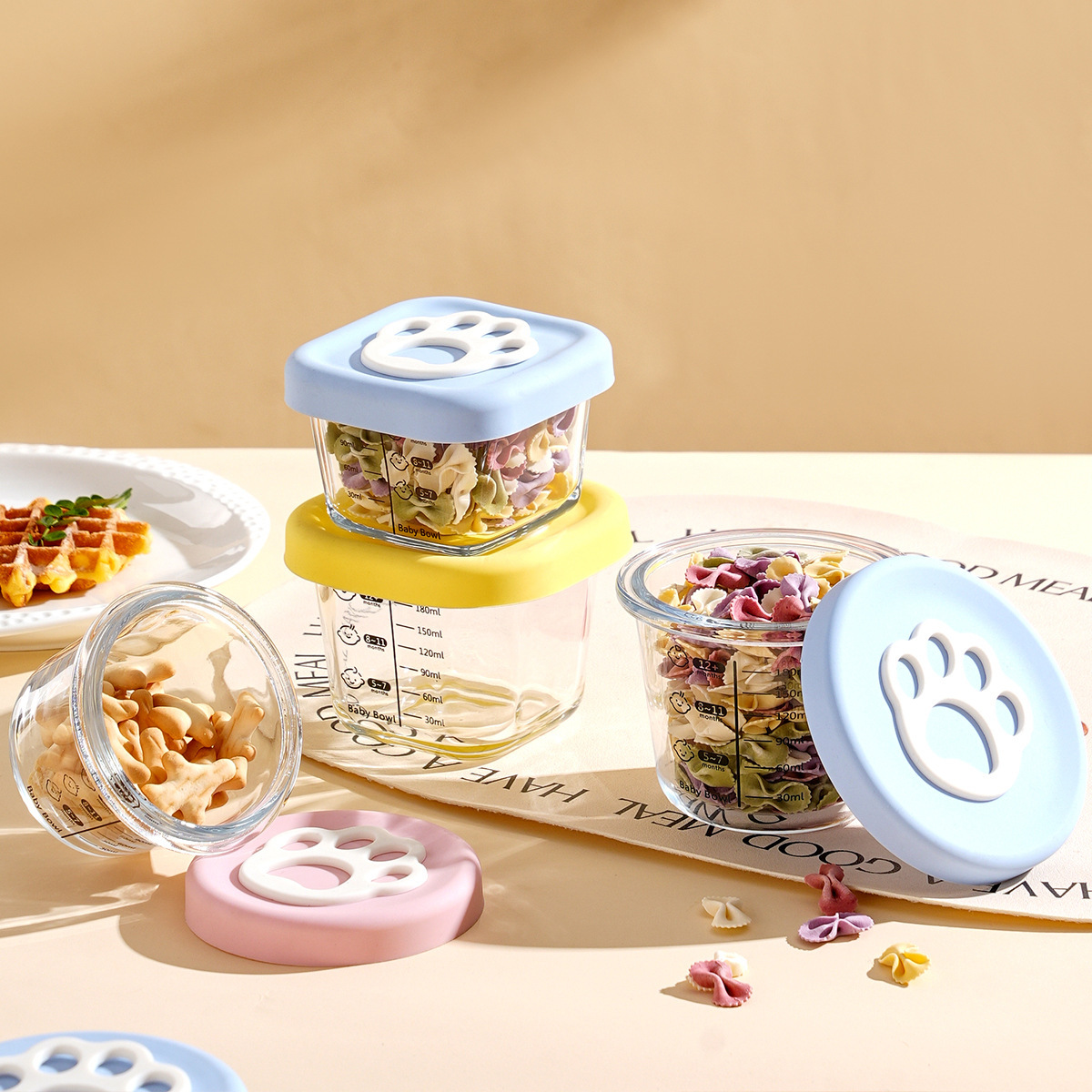 Square Bear Silicone Baby Food Bowl, Children's Special Glass Food Supplement, Sealed, Portable Storage Box, Cross-Border