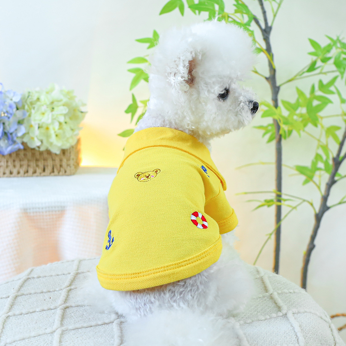 애완 동물 반지 개 고양이 의류 의류 의류 봄 및 여름 얇은 중간 및 작은 개 2 피트 자수 셔츠 곰 폴로 셔츠