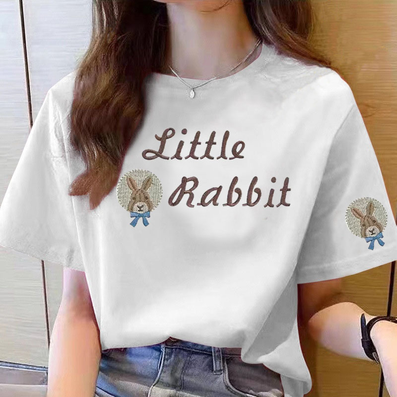 Pure Cotton Short-sleeved T-shirt Women's 2024 New Summer Shoulder Half-sleeved T-shirt Design Sense Niche Crewneck Printed Top