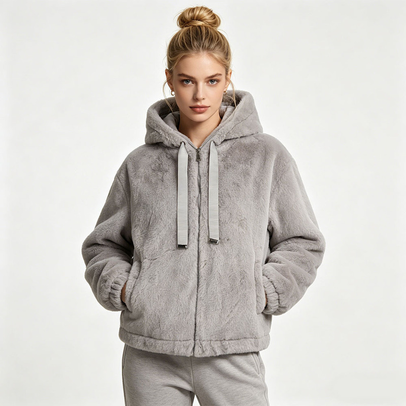 Autumn and Winter Women's Imitation Fur Rabbit Fur down Jacket Stripesd Cross-Border New Hemmed Round Neck Fashionable Warm Jacket Customization