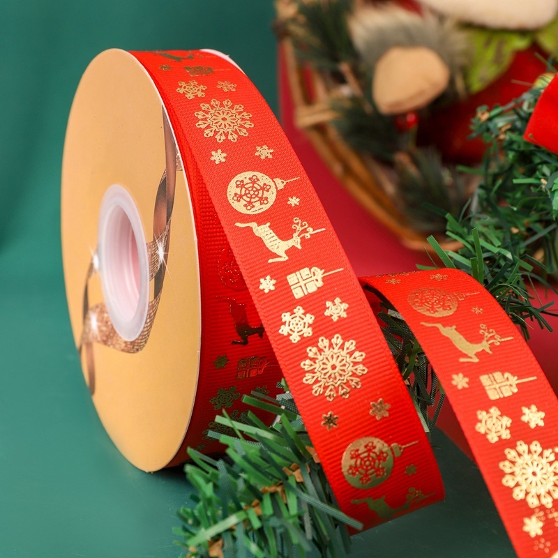 クリスマスリボン卸売 2.5cm クリスマスリボン メリークリスマス文字金箔入りリボン|undefined