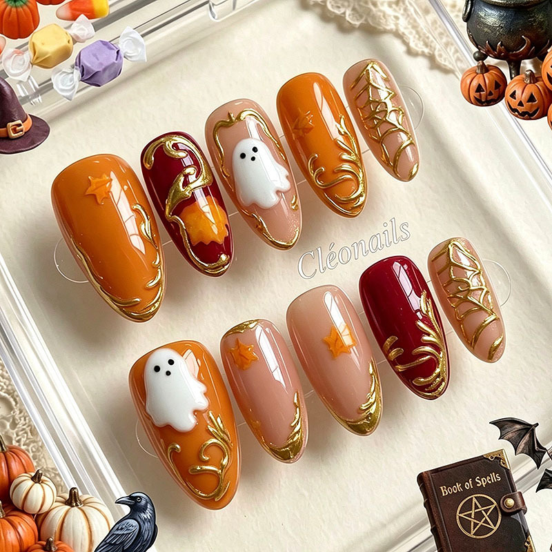 30 Pieces of Autumn Halloween Cat-Eye Wearable Nails with Ghostly Maple Leaf and Golden Atmosphere Nail Art Finished Nail Stickers 30 Pieces of Autumn Halloween Cat-Eye Wearable Nails with Ghostly Maple Leaf and Golden Atmosphere Nail Art Finished Nail Stickers