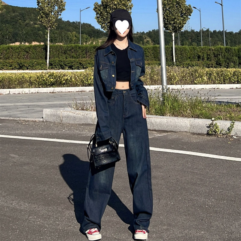 美式复古短款牛仔布外套夹克女春季高腰拖地阔腿牛仔布|undefined