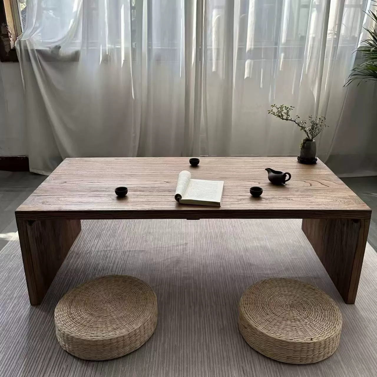 侘寂风老榆木茶桌客厅茶几复古实木简约飘窗边几民宿榻榻米