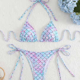 欧美分体泳衣女美人鱼鳞片印花比基尼挂脖三角杯侧绑带性感泳衣女
