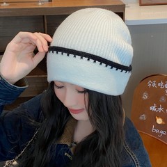 秋冬季网红同款韩版 拼色毛线帽秋冬保暖ins风时尚软糯针织帽黑色
