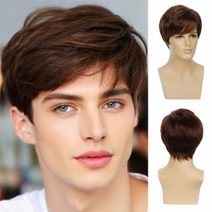 New Foreign Trade Men's Wig Brown Oblique Bangs Fluffy Business Style High Temperature Silk Headgear Manufacturer Spot Wholesale