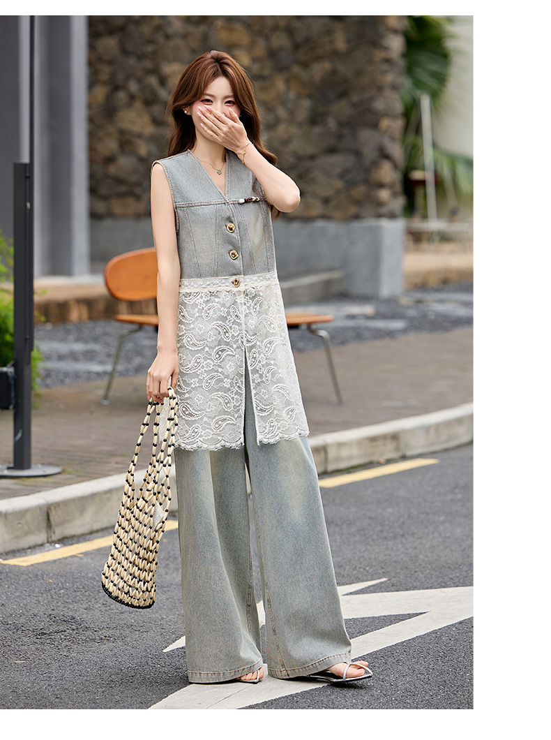 Bộ quần áo denim nữ gồm áo vest không tay và quần ống rộng AH8620 — Màu ảnh chi tiết 11