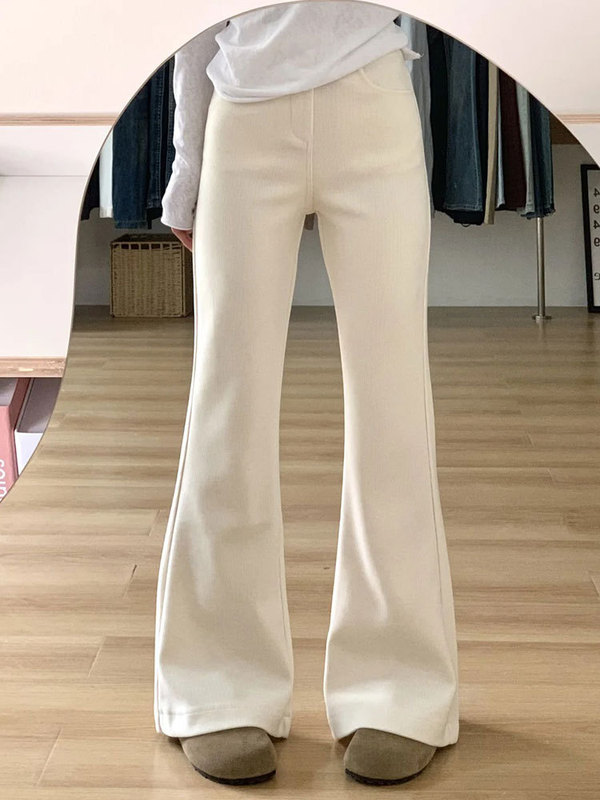 杏色灯芯绒裤子女2025新款春季高腰显瘦微喇裤小个子不贴腿喇叭裤|undefined