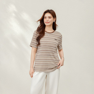 Lazy Style Retro Striped Crew Neck Versatile T-Shirt Plus Size Women's Clothing for Curvy Women 2025 Summer New Style
