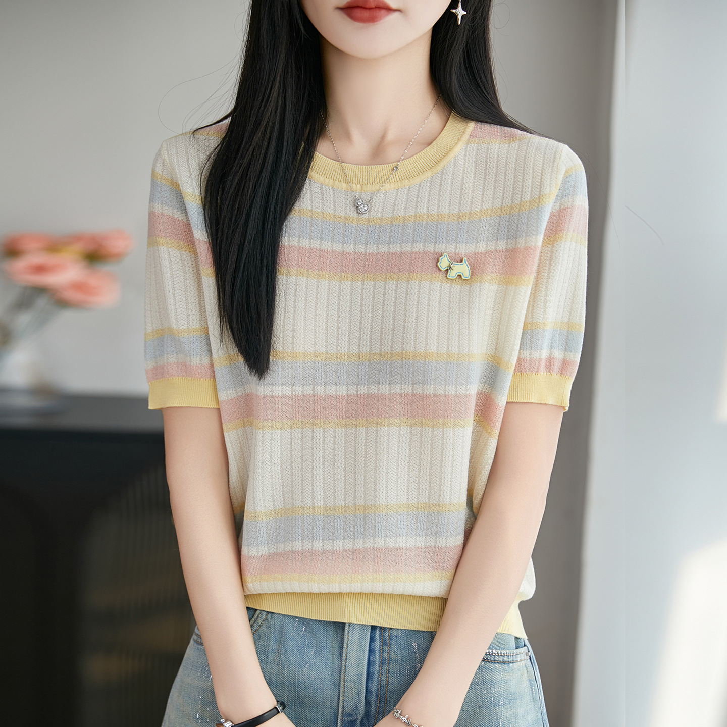 天丝莱赛尔条纹女士针织衫女士圆领优雅气质T恤漂亮套头薄款上衣