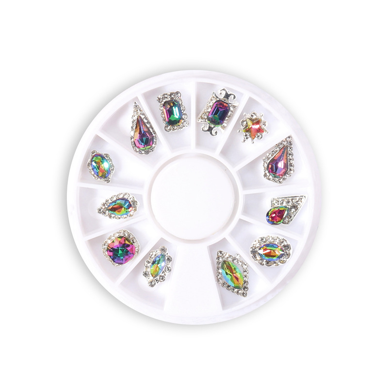 Joyería de mesa giratoria de uñas llama Diamante colorido en forma especial AB diamante inferior colorido vidrio diamante uñas joyería