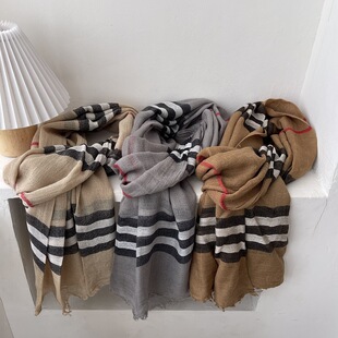 2025 New Wool Scarf for Women Spring & Fall British Versatile Plaid Silk Scarf Thin Long Scarf Warm Large Shawl