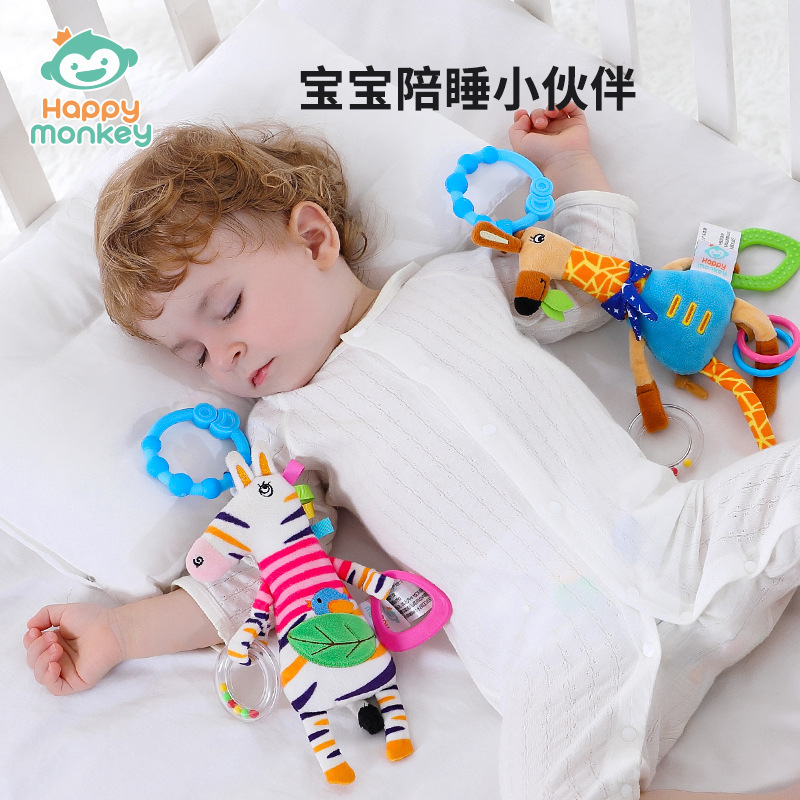 Feliz mono bebé coche colgando cama colgando mordida música calmante juguete bebé capacidad de agarre juguete de entrenamiento