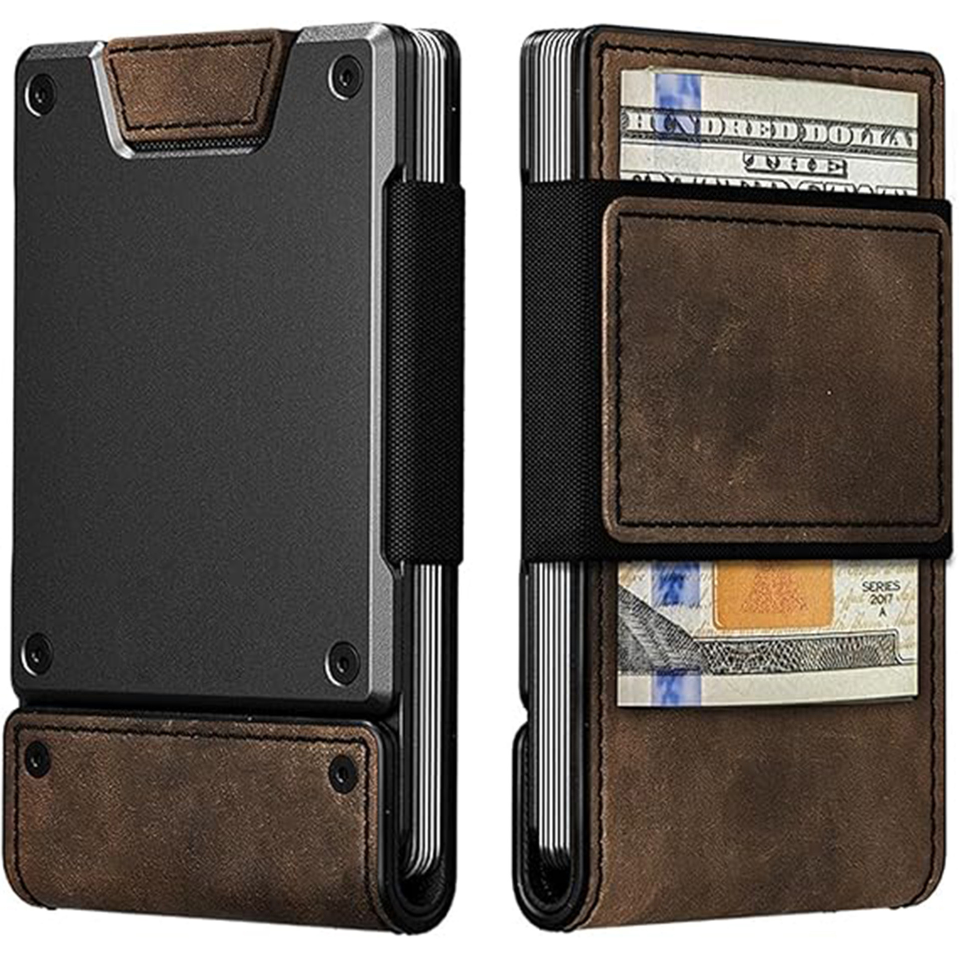 Customized Rfid Anti-Theft Brushed Metal Card Box Ultra-Thin Pull-Out Card Holder Card Holder Foldableing Business Leather Wallet for Men
