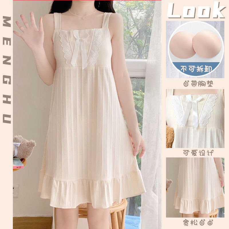 Summer Suspender Nightgown with Breast Pads for Women, Sweet and Cute Student Sexy Ruffled Mid-Length Pure Lust Dress