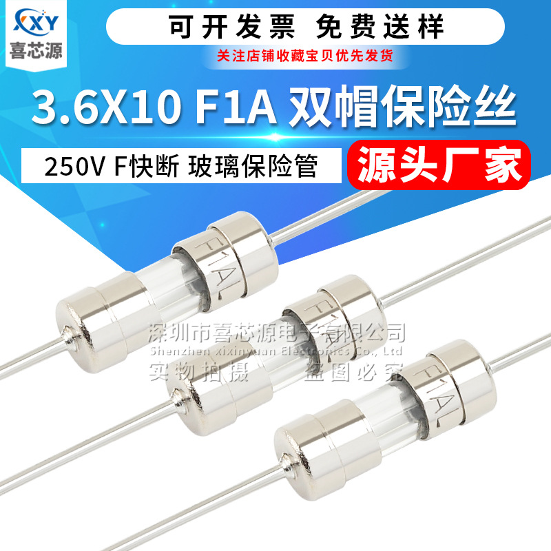 源头厂家 3.6x10mm双帽玻璃保险丝 F1A 250V 快断 带引线脚保险管