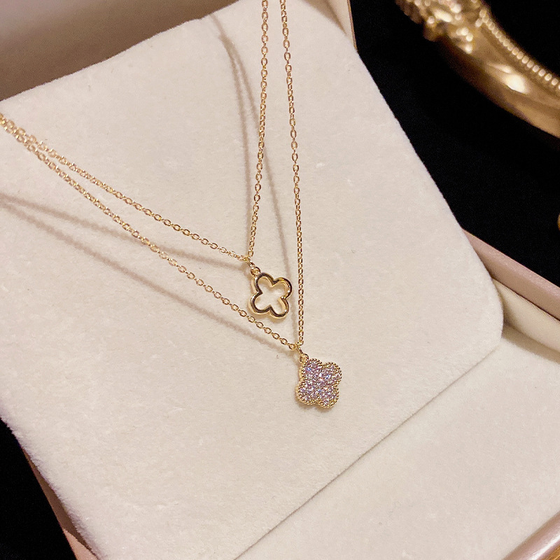 2022 New Fashion Personality Fashion Hollow Zircon Half Double Layer Four Leaf Flower Necklace Female Niche Design Sense Accessories 2022 New Fashion Personality Fashion Hollow Zircon Half Double Layer Four Leaf Flower Necklace Female Niche Design Sense Accessories
