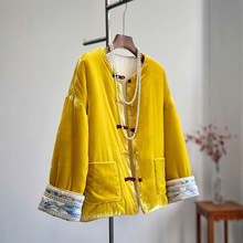 新中式国风盘扣加棉冬装黄色丝绒外套女高端真丝年轻唐装夹棉服袄