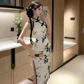 新中式改良旗袍连衣裙国风轻女夏季小众设计性感修身礼服包臀长裙