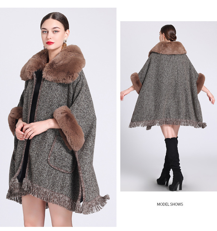 Mantella in pile extra spesso con collo in pelliccia, ampia e larga taglia, cardigan lavorato a maglia per donna_voghion.com