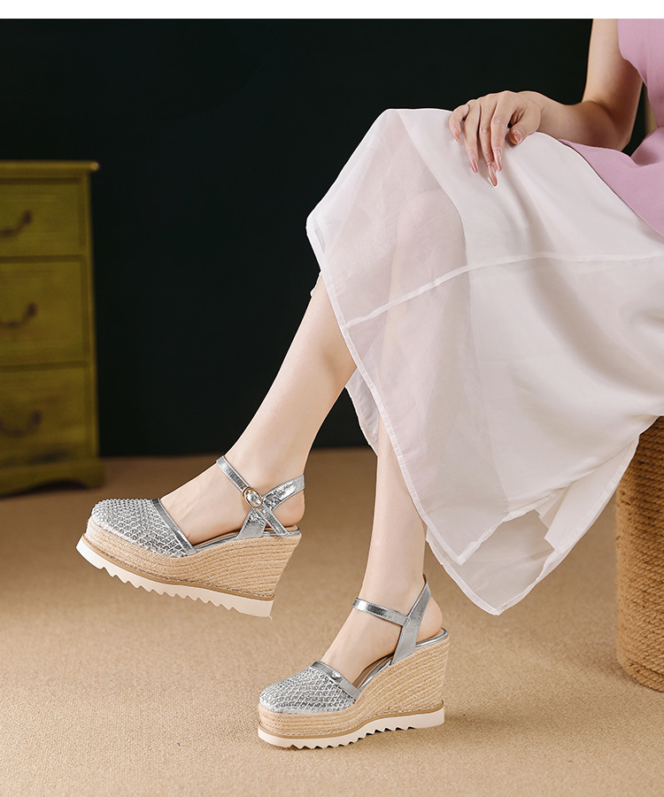 Sandal cao gót nữ mũi nhọn quai ngang đế xuồng đan lưới — màu vàng, bạc chi tiết 9