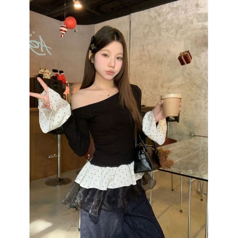 Forever21 French-Style Mesh Patchwork Black Asymmetrical Shoulder T-Shirt for Women, Autumn Long-Sleeve Flared Top, Polka Dot Slim-Fit Blouse Forever21 French-Style Mesh Patchwork Black Asymmetrical Shoulder T-Shirt for Women, Autumn Long-Sleeve Flared Top, Polka Dot Slim-Fit Blouse