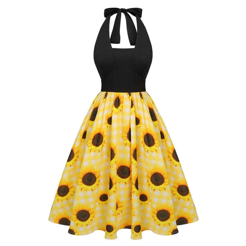 Spot 2025 Retro Style Printed Dress Black Lace-Up Waist Skirt