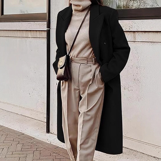 2025 Autumn and Winter Popular Amazon New Export Women's Long-Sleeved Lapel Pure Color Double-Breasted Slim Outwear Coat