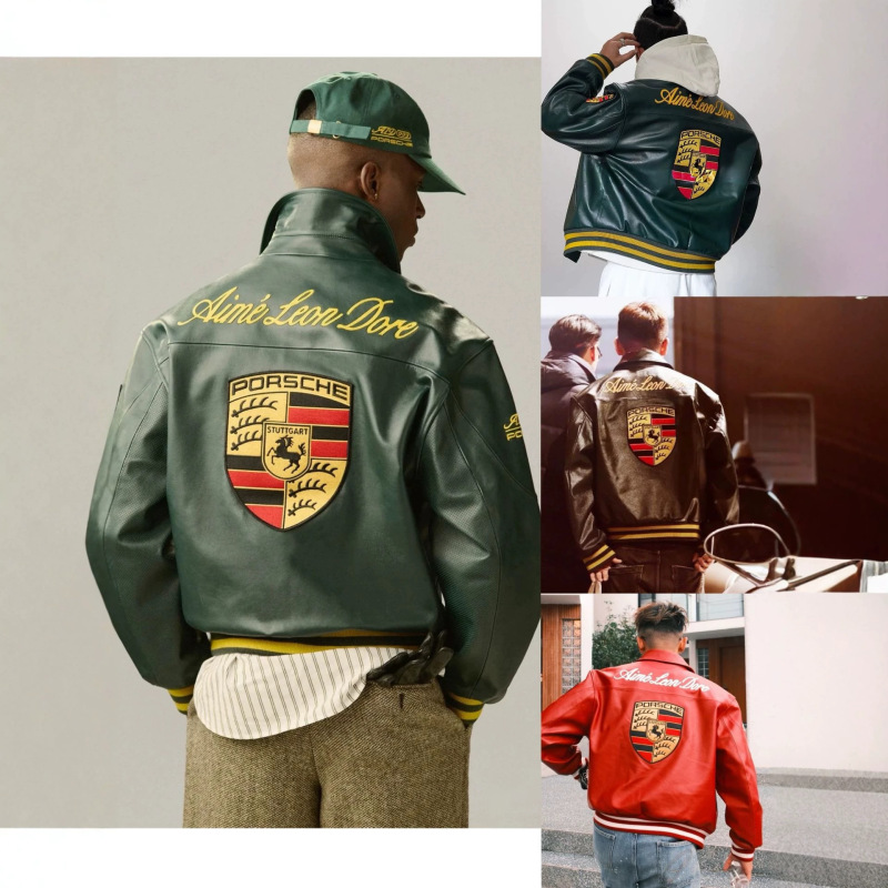 European and American trendy brand Porsche racing jacket, co-branded with automobile and motorcycle, heavy-duty embroidered badge, men's vintage leather jacket