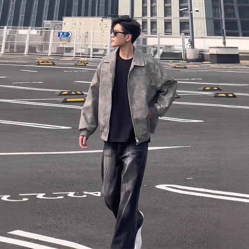 Cleanfit gray short leather jacket, American cool, high-end men's clothing, retro stand-up biker leather jacket