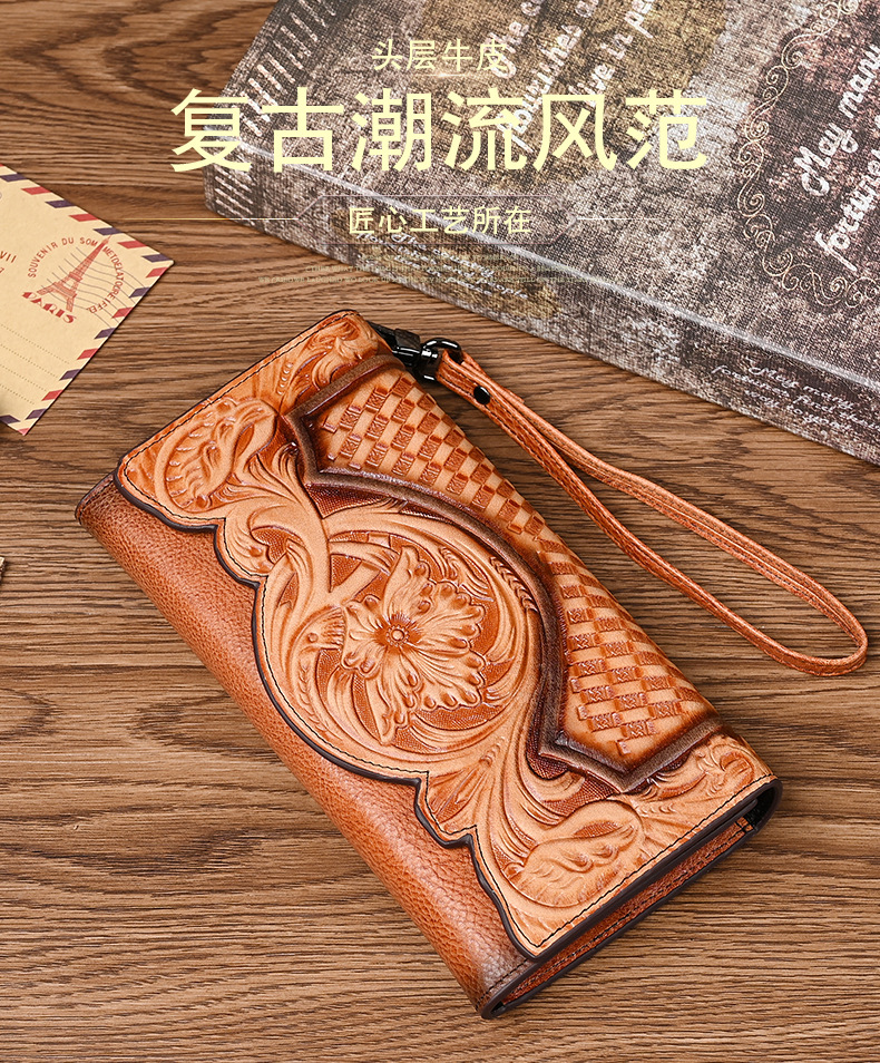 Ví cầm tay nữ da bò dáng dài gấp ba họa tiết in hoa cổ điển — Màu nâu cổ điển, Màu đen cổ điển, Cà phê cổ điển chi tiết 2