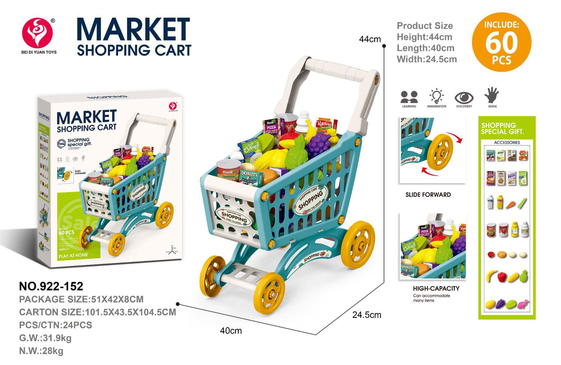 Simulación infantil transfronteriza iluminación de la casa, música, carrito de compras, juegos de supermercado de frutas, carrito de juguetes