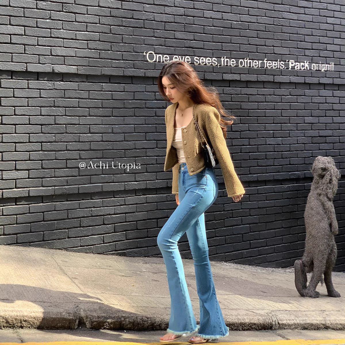 Chi Daye Green Small Fragrance Jacket Short Long Sleeve Elegant Single-Breasted Tweed Top