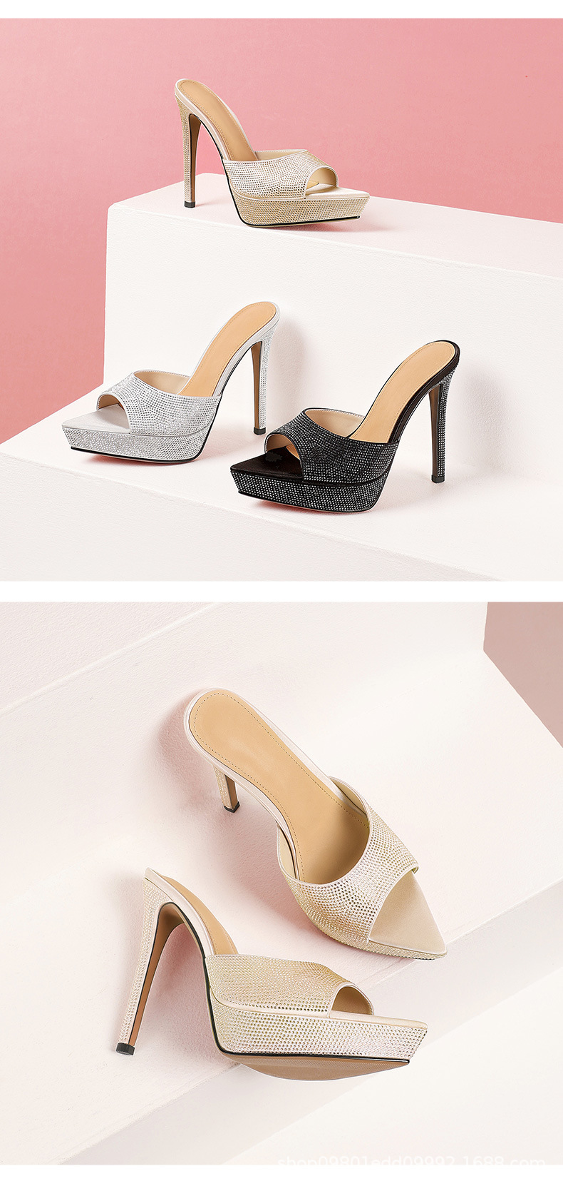 Sandal cao gót nữ hở mũi đính đá platform gót nhọn 9 cm — Champagne màu chi tiết 8