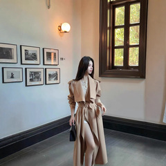 FairyJiang秋季新款翻领卡其色风衣外套女长款收腰休闲大衣含腰带