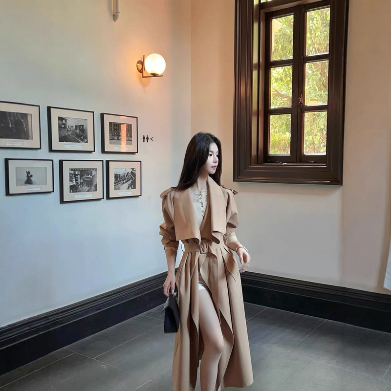 FairyJiang秋季新款翻领卡其色风衣外套女长款收腰休闲大衣含腰带|undefined