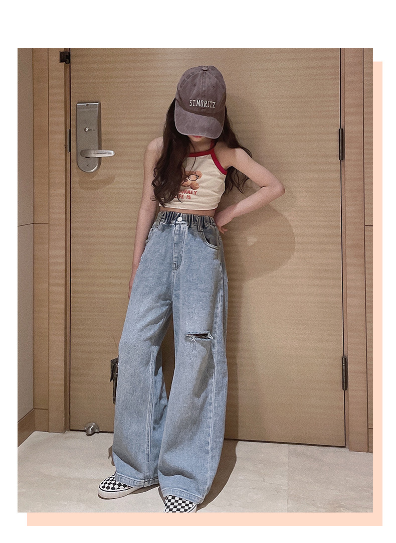 Neue Frühjahr Mädchen Kleidung Kinder Gerade Ripped Loch Lose Jeans Elastische Taille Hose Kind Teen Denim Breite Bein Hosen frühlen – Detail 8