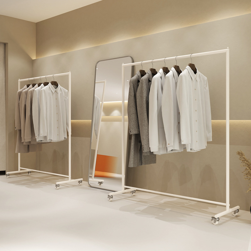 Stainless Steel Clothes Hangers for Clothing Stores, Milky White Floor-Standing Display Shelves, Women's Clothing Store Display Racks with Pulleys