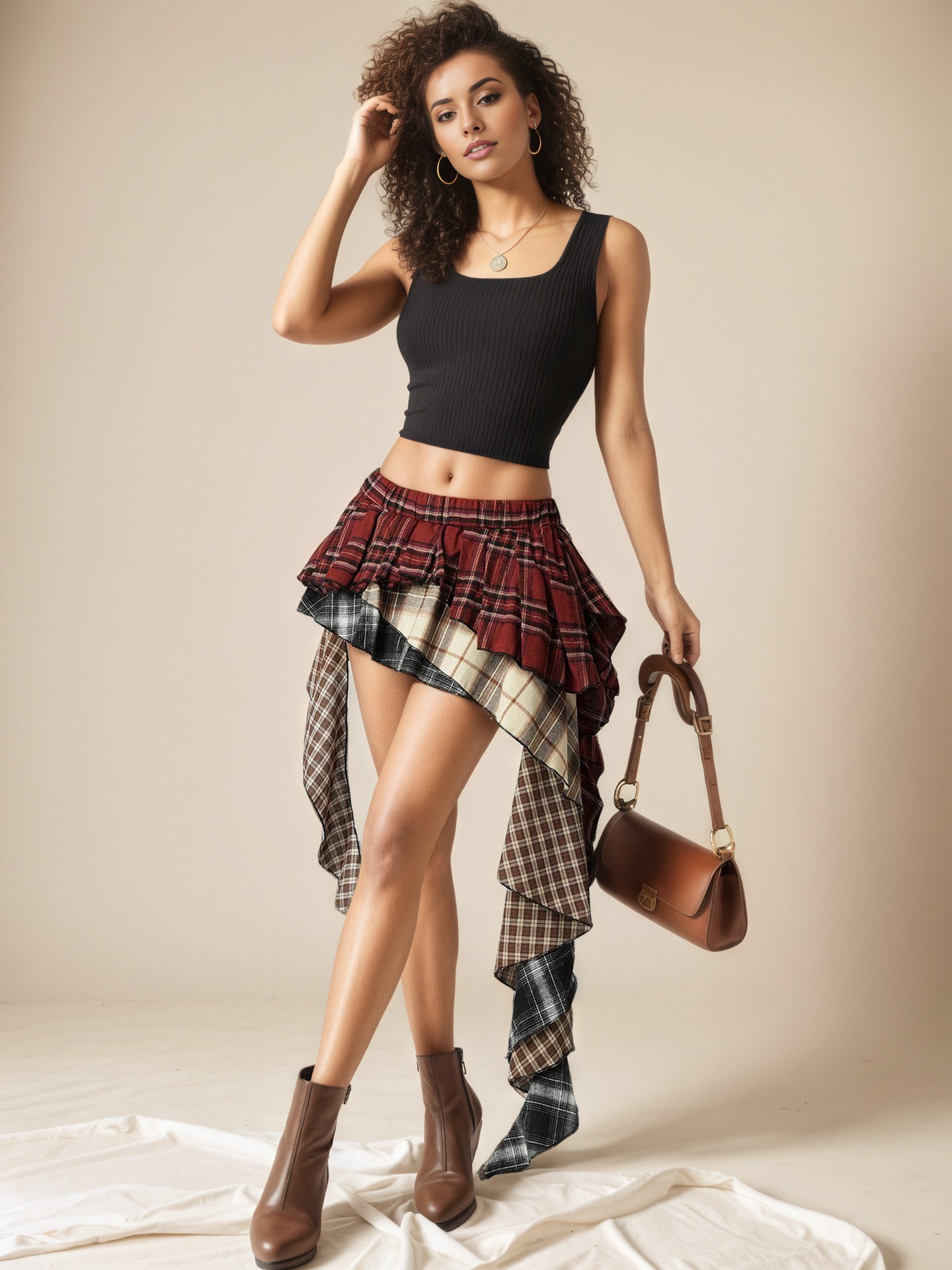 Literary retro skirt plaid multi-color matching irregular skirt…