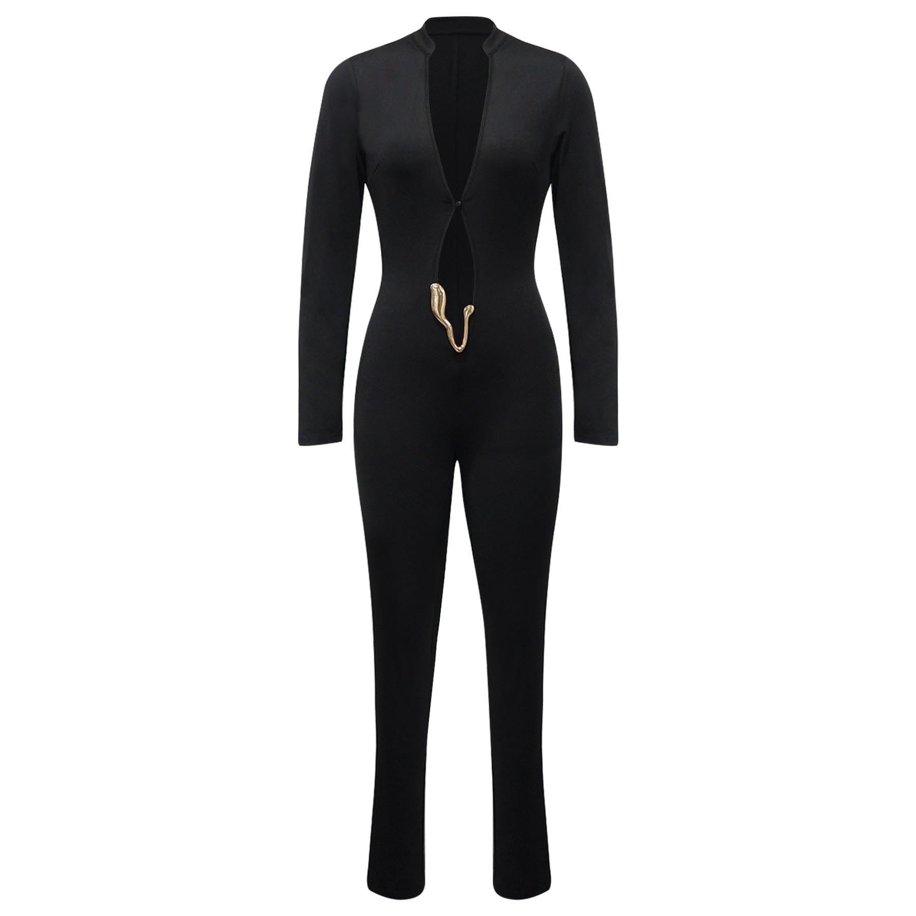 Sexy Deep V Long Sleeve Jumpsuit Solid Color Tight Fit_voghion.com